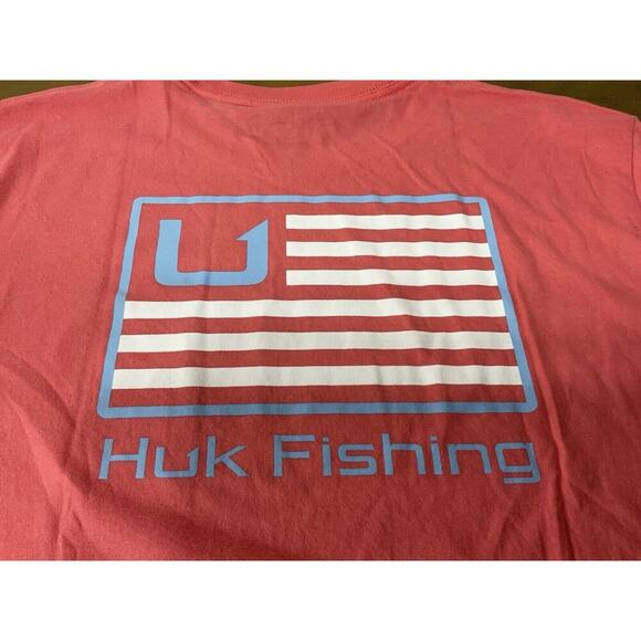 HUK Fishing T-Shirt Ocean Coral USA Flag ss Crewneck Relaxed Fit Mens Medium - Picture 8 of 8